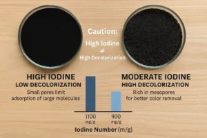 high iodine vs high decolorization in wood activated carbon