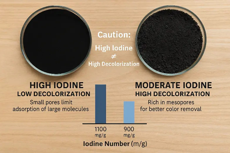 high iodine vs high decolorization in wood activated carbon